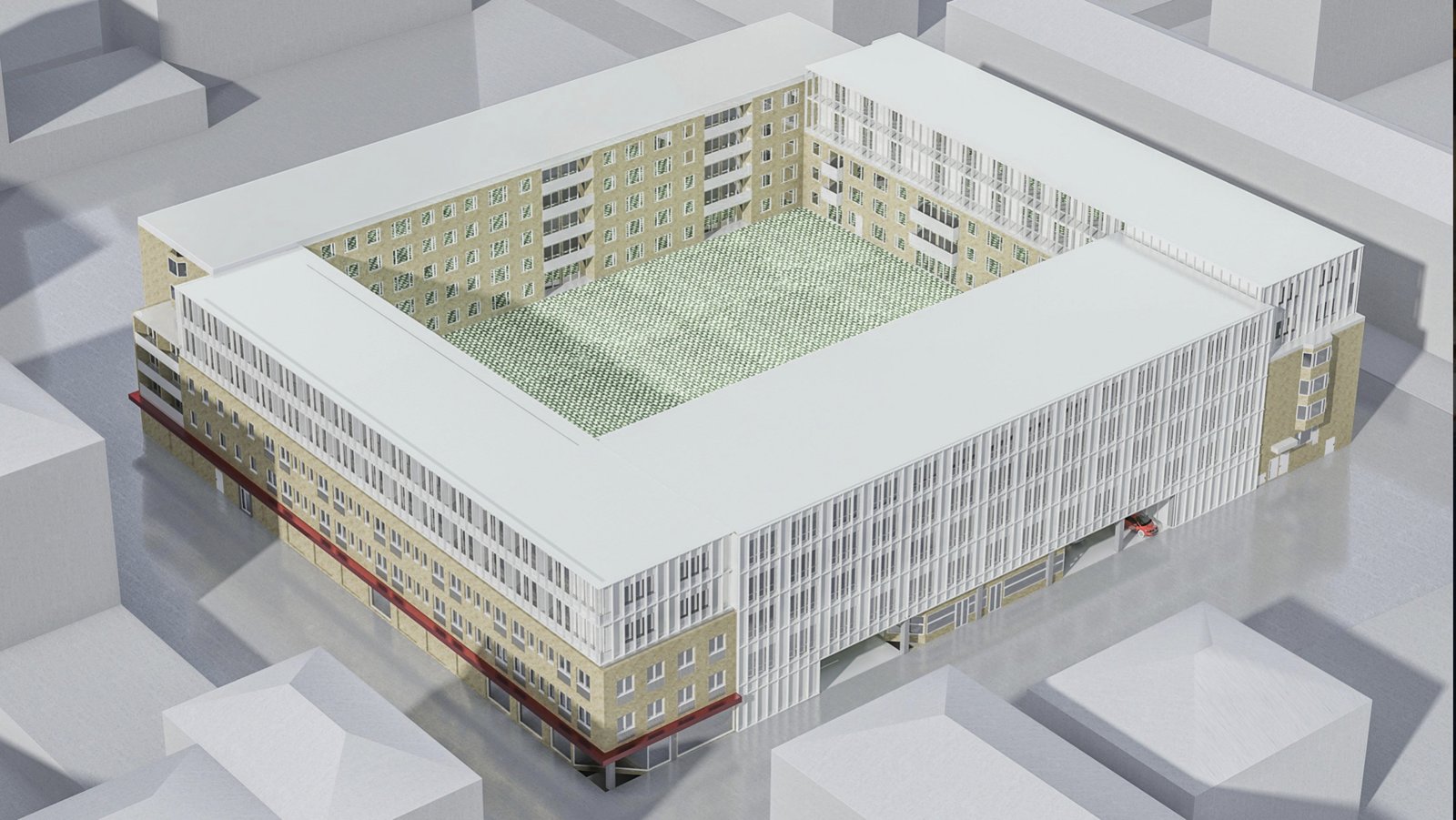 Volymstudie av förtätningen på Odensgatan i Uppsala — påbyggda flyglar i vitt och ny mellanbyggnad kring den gemensamma gården.